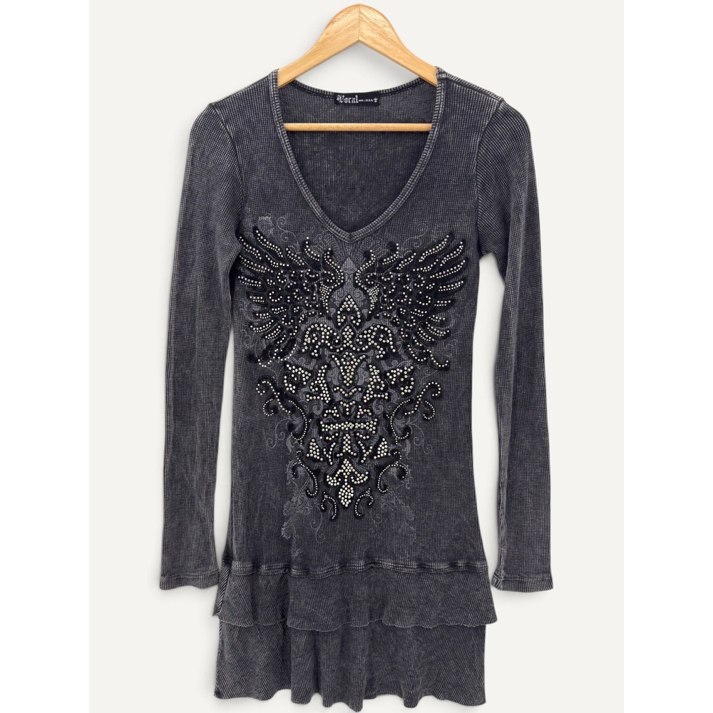 Vocal Made USA Top S Rhinestone Fleur de Lis Wings Ruffle Tunic Y2K Western